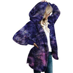 Women's Blue Tie Dye Open Front Sherpa Vest Jacket Coat Hooded Fuzzy Sweater